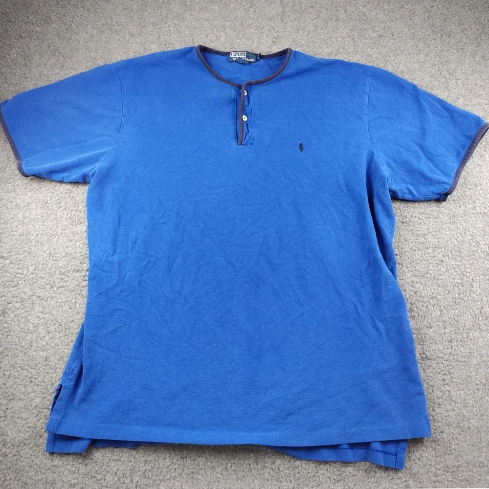VTG Polo Ralph Lauren Mens XXL 2XL Blue Henley Short Sleeve Pique Shirt Blue